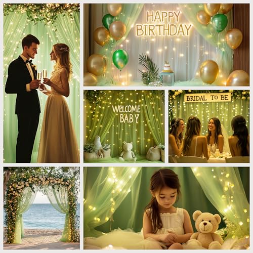 Tulle Curtain Backdrop with 300 LED Fairy Lights for Parites Wrinkle-Free Sheer Curtain Drapes Photo Back Drop for Wedding Baby Shower Bridal Shower Birthday Home Décor - 10ft×10ft, Sage Green - color: Sage Green