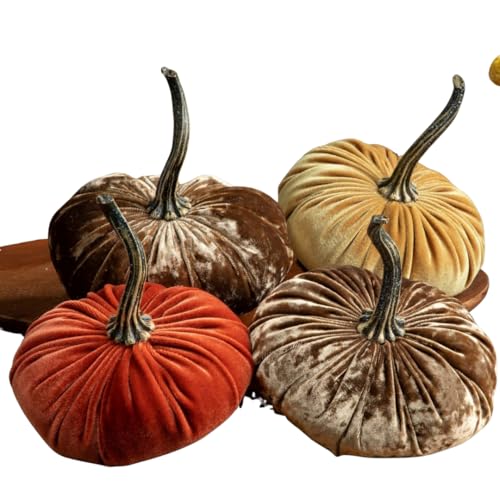 Your Heart's Content Set of 4 Small Velvet Pumpins, Earth Tone Taupe Mantel, Gold Pumpkin Centerpiece, Neutral Farmhouse Decor, Pumpkin Centerpiece for Weddings, Orange (2 Luxe Sand, Rust, Gold) - color: 2 Luxe Sand, Rust, Gold