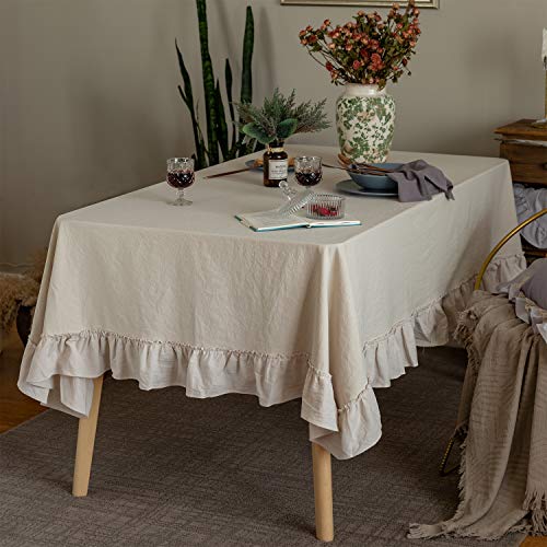 GLORY SEASON Retro Farmhouse Ruffle Tablecloth Cotton Flounces Trim Washable Table Cover Tablecloths for Rectangle Table Baby Shower Kitchen Party Wedding Decor 60''x102'' - size: 102" x 60" (Rectangular)