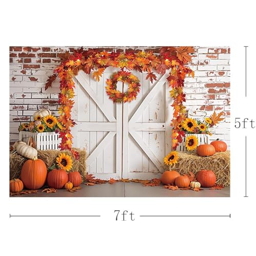 MEHOFOND 7x5ft Fall Thanksgiving Photography Backdrop Autumn Rustic Barn Wooden Door Brick Wall Background Pumpkin Maple Wreath Haystack Sunflower Harvest Party Decorations for Portrait Photo Props - size: 7x5ft