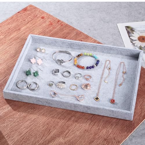 13.8" x 9.5" Velvet Jewelry Tray Jewelry Display Tray, Stackable Empty Plate Trays for Earrings Necklaces Bracelet Rings Display Showcase - Grey - color: Grey, size: Flat Tray 13.8"x9.5"