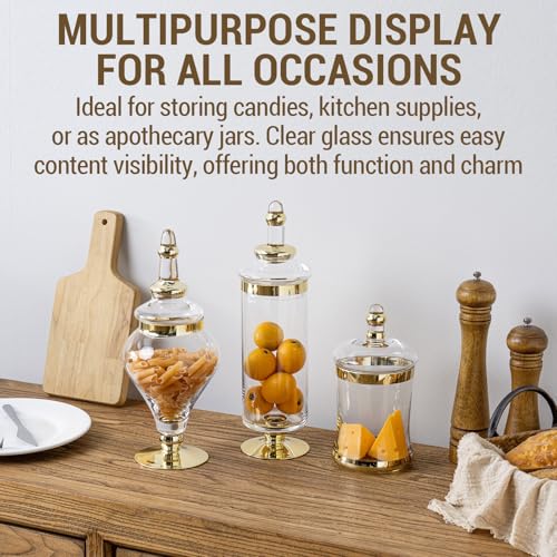 MyGift 3 Piece Set Antique Clear Glass Bathroom Apothecary Jars with Lid, Wedding Centerpiece, Kitchen Storage Jars with Metallic Brass-Tone Design - color: Gold