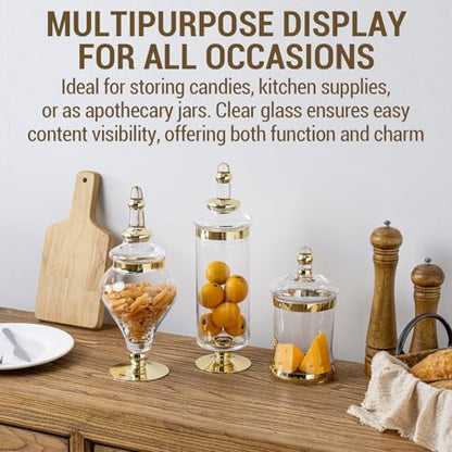 MyGift 3 Piece Set Antique Clear Glass Bathroom Apothecary Jars with Lid, Wedding Centerpiece, Kitchen Storage Jars with Metallic Brass-Tone Design - color: Gold