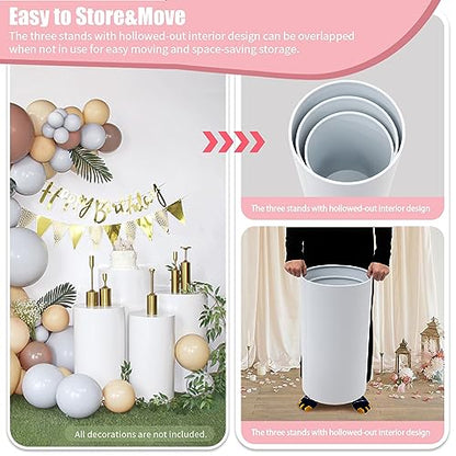 3 Pcs Cylinder Pedestal Stands for Party, Large White Round Cake Pedestal Stand, Display Plinth Pillars for Wedding Ceremony Birthday Party Art Decor 23.6''(L), 21.6''(M), 19.6''(S)