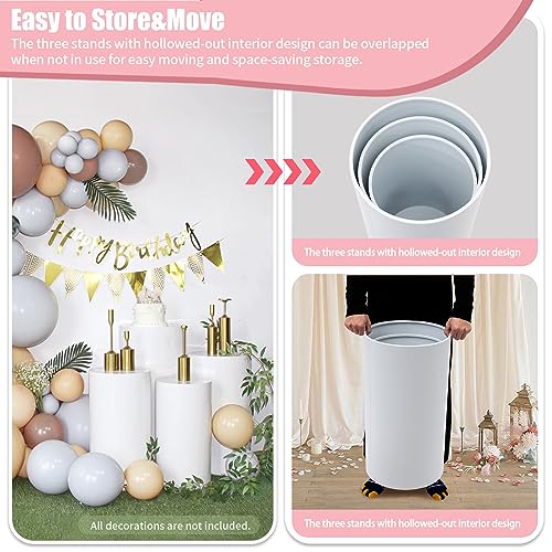 3PCS Iron Round Cylinder Display Plinth Pillars,White Cylinder Pedestal Stands,Pedestal Stand Cover Pillar, High Temperature Paint Treatment,Thickened Panels,for Wedding Party Romantic Decor