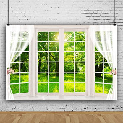 Laeacco 6x4ft Spring Window Scenery Backdrop White Windowsill Green Forest Grass Sunshine Natural Landscape Photography Background Newborn Baby Kids Family Portrait Banner Photoshoot Booth Props - size: 6x4ft