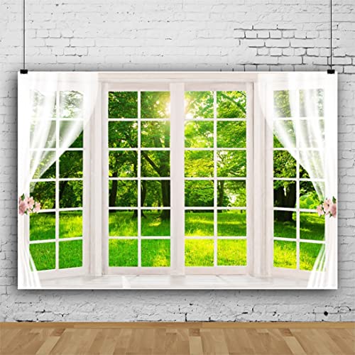 Laeacco 10x7ft Spring Window Scenery Backdrop White Windowsill Green Forest Grass Sunshine Natural Landscape Photography Background Newborn Baby Kids Family Portrait Banner Photoshoot Booth Props - size: 10x7ft