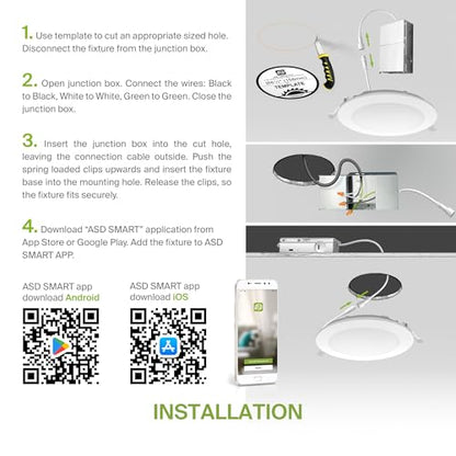 ASD 6 Pack LED Smart Recessed Lighting 6 Inch 15W, RGBW Color Changing Lights, Compatible with Alexa & Google Assistant, Dimmable 2700K-6500K Selectable RGB Lights, WiFi Bluetooth Ceiling Light, ETL - color: White, size: 6 Inch 6 Pack Rgbw