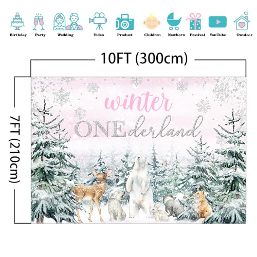Mocsicka Winter Onederland Backdrop Pink Snowflake Girls First Birthday Photography Background Winter Woodland Animals Happy 1st Birthday Party Banner Decorations Photo Booth Props (10x7ft) - size: 10x7ft