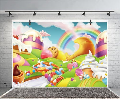 AOFOTO 5x3ft Candyland Backdrop Fantasy Giant Lollipop Candy Land Candy Themed Party Decorations Banner Cartoon Rainbow Ice Cream Dessert Shop Decor Background Kids Baby Birthday Photoshoot Props - size: 5x3ft