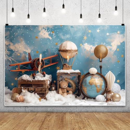 YongFoto Travel Adventure Theme Backdrop 5x3ft Cute Clouds Sky Stars Bear Globe Photography Background Adventure Awaits Baby Shower Girl Boy 1st 2nd Birthday Party Banner Kids Portraits Photoshoot - color: Style 4, size: 5ftx3ft