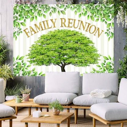 Family Reunion Backdrop, Family Tree Members Theme Photo Backdrop Vinyl 10x7ft Green Tree Family Gather Welcome Party Photography Backdrops Rod-Pocket Props, BJLSGU96 - size: 10x7ft