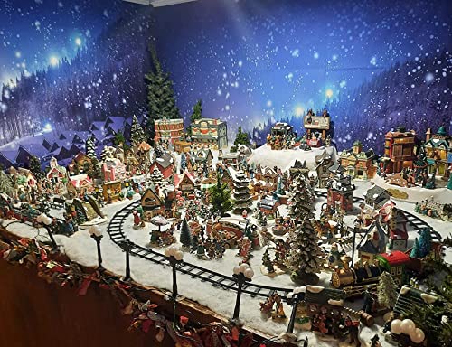 Leowefowa 5x3ft Christmas Backdrop Rustic Village Night View Forest Trees Snowing Shining Lights Blue Sky Winter Xmas Vinyl Photography Background Kids Children Adults Photo Studio Props