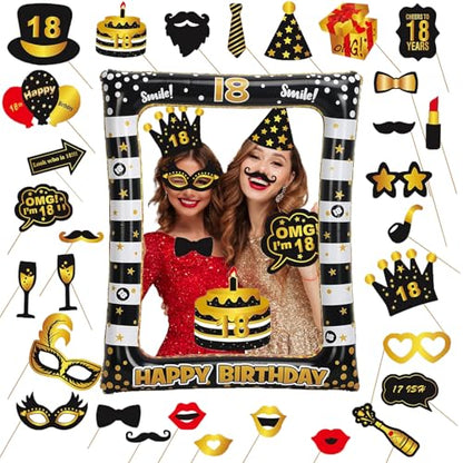 18th Birthday Photo Booth Props, Black Gold Inflatable Photo Booth Frame, 30PCS Photo Booth Props for Party Selfie Party Decorations and Gifts - size: 18th Birthday Inflatable Frame