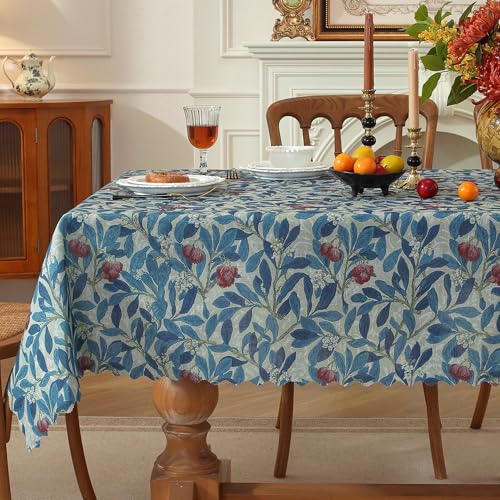Rectangle Waterproof Tablecloth Linen Textured Table Cloth,Stain and Wrinkle Resistant Washable Fabric Table Cover for Dining, Party, Camping and Outdoor, 60 x 104 Inch, Blue Leaves - color: Blue Leaves, size: 60" x 104" (Rectangular)