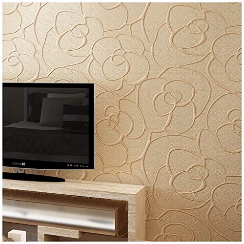 Q QIHANG Modern Minimalist Embossed 3D Rose Flower Non-Woven Wallpaper for Living Room Bedroom Beige Color Non-Self Adhesive Wallpaper 0.53mx10m=5.3㎡ - color: Beige