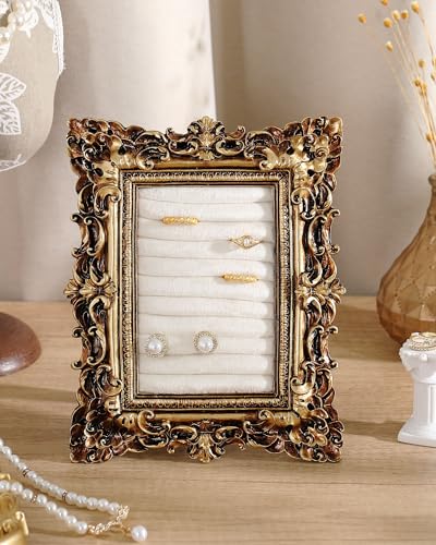 Wonderjune Jewelry Display Stand Vintage Necklace Organizer Ring Holder Earring Tray Resin Jewelry Photography Props Frame with Velvet Backing for Gifts - color: White, size: 9.8 x 7.8 Inches, style: Carved