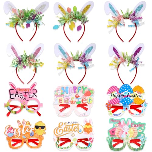 12PCS Easter Headbands and Glasses Set- Bunny Ears Headbands & Easter Party Glasses Frames for Egg Hunt, Parades, Holiday Party Favors & Photo Booth Props