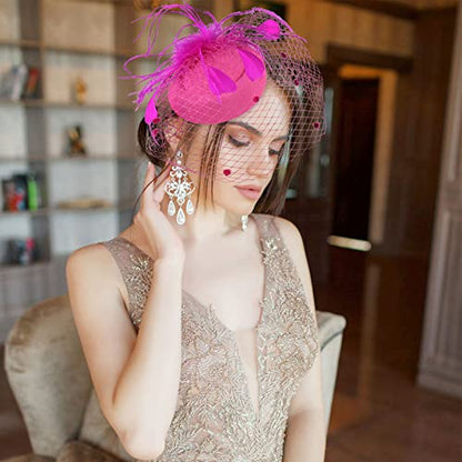 Fascinators Hats with Gloves Set for Women 20s 50s Cocktail Tea Party Wedding Costume Headwear - color: E-hot Pink