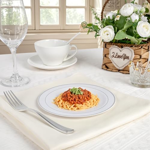 bUCLA 200PCS Silver Plastic Plates - 6.25inch White with Silver Trim Disposable Salad/Dessert/Appetizer/Small Cake Plates - Ideal for Wedding & Party - color: 6.25Inch-200pcs-Silver