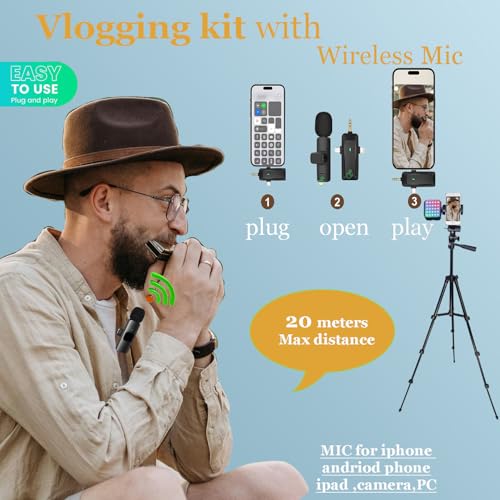 Vlogging Kit for iPhone, Vlogging Kit for Andriod Phone, Content Creator Essentials w/RotatableHolder/Lavalier Mic/RGB Light/Remote/Extendable Tripod (50IN Tripod) - size: 50IN Extenable Tripod