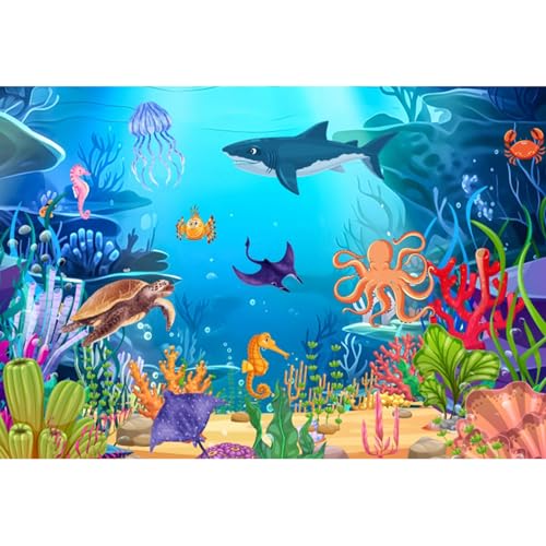 deFouliao Under The Sea Backdrop Ocean Underwater Coral Shark Turtle Octopus Jellyfish Background for Baby Shower Birthday Party Decorations Photo Banner Props, 5x3ft - color: Blue, size: 5x3ft