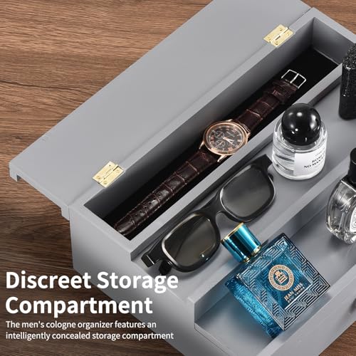 Perfume Organizer for Men, 3 Tier Wood Perfume Display Stand with Velvet Lining Drawer and Hidden Compartment for Watch,Jewelry,Perfume Display Risers,A Gift for Men (Gray) - style: 3 Tier - Grey