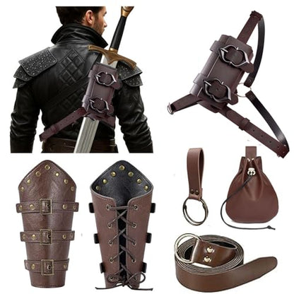Medieval Back Sword Frog Holder Bracers Belt and Belt Pouch Viking Warrior Costume Renaissance Accessory Cosplay Props - color: Brown