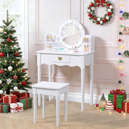 UTEX Kids Vanity, Girls Vanity Set with Mirror and Stool and Lights, Kids Vanity Table and Chair Set,Wooden Princess Makeup Desk Dressing Table, White - style: Golden Heart with LED Blubs