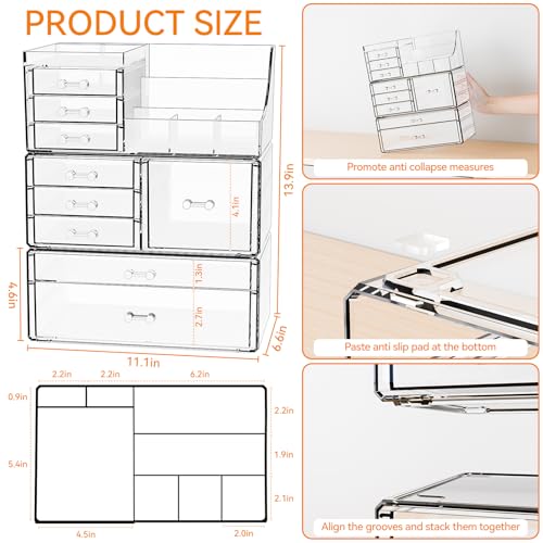 Yieach 3 Pack Clear Makeup Organizer Countertop for Dresser,Vanity and Bathroom Counter Organizer,Tiered Stackable Makeup Acrylic Organizers with 9 Drawer for Skincare,Brush and Make up Holders - style: 9 Drawers