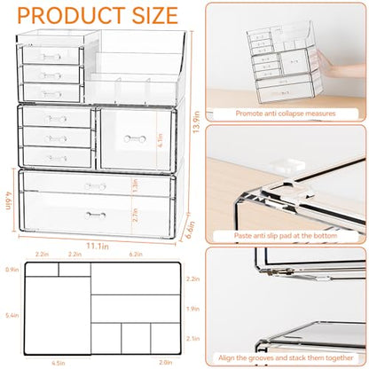 Yieach 3 Pack Clear Makeup Organizer Countertop for Dresser,Vanity and Bathroom Counter Organizer,Tiered Stackable Makeup Acrylic Organizers with 9 Drawer for Skincare,Brush and Make up Holders - style: 9 Drawers