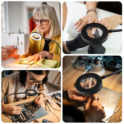 LALISU Clip on Lamp, 5X Magnifying Glass with Light LED Desk Lamp with Clamp Bright Clip Light for Bed Bedside Table, Adjustable Reading Light for Bed, Desk Lights (Black with Magnifying) - color: Black with magnifying