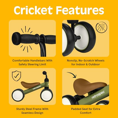 Retrospec Cricket Baby Balance Bike, 4-Wheel Ride-On Toy for Ages 12-24 Months – First Bike & Toddler Bike for 1 Year Old Boys & Girls, First Birthday Gift - color: Olive Drab