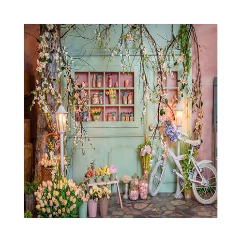 10x10ft Flower Shop Backdrop for Photography Bicycle Tulip Blossom Branches Green Florist Background Baby Shower Wedding Birthday Party Decor Kids Adults Portraits Photoshoot Photo Booth Props - size: 10x10ft
