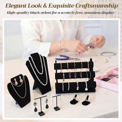Geelin 19 Pcs Velvet Jewelry Display Set for Flat Necklace Stand 3-tier Bracelet Stand Earrings Holder Ring Finger Holder(Classic)