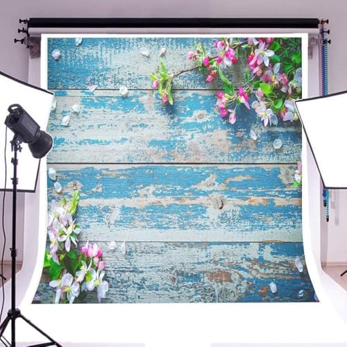 AOFOTO 8x8ft Rustic Blue Wood Planks Photography Backdrop Spring Floral Theme Flower Petal Branches Wooden Board Background Flat Lay Vintage Peeling Off Grunge Hardwood Infant Baby Portrait Props - size: 8x8ft