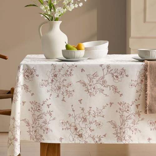 French Linen Rectangle Tablecloth Floral Table Cloth with Brown Flowers Pattern Burlap Textured Farmhouse Vintage Rustic Outdoor Table Cover for Picnic,Dining,Party,Home Decor 55x84 Inch - color: Brown on Cream, size: 84" x 55" (Rectangular)