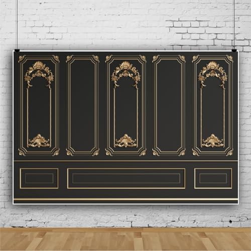 Leyiyi 5x3ft Gold Black Vintage Room Inside Backdrop European Frame Modern House French Castle Cementery Wall Retro Style Photo Background Cowboy Kids Birthday Portrait Studio Props Vinyl Wallpaper - color: Black, size: 5x3ft