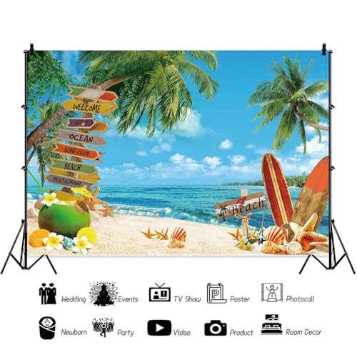 Leowefowa 10x6.5ft Summer Surfboard Party Photography Backdrop Summer Beach Tropical Tree Blue Sky Seaside Background Hawaiian Beach Party Banner Decor Photo Supplies Prop - size: 10x6.5ft