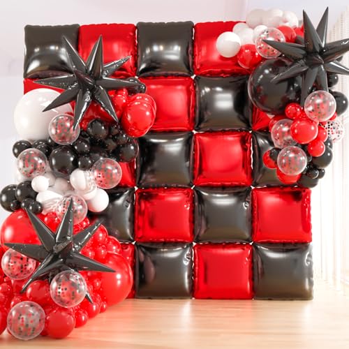 25pcs Black and Red Foil Square Balloon Backdrop Wall with 146pcs Black Red White Balloons Arch, Double Sided Balloon Tunnel with 3 Star Balloons for Racing Car Birthday New Year Party Decor - color: Black and Red