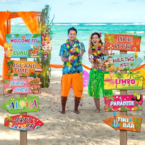 20 Pieces Luau Party Decorations Hawaiian Party Welcome Sign Summer Tropical Party Direction Signs for Fiesta Hawaiian Luau Tiki Themed Birthday Wedding Party Supplies with 2 Sheet Stickers - style: Luau