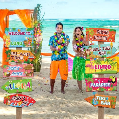 20 Pieces Luau Party Decorations Hawaiian Party Welcome Sign Summer Tropical Party Direction Signs for Fiesta Hawaiian Luau Tiki Themed Birthday Wedding Party Supplies with 2 Sheet Stickers - style: Luau