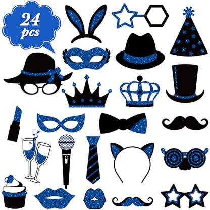Zonon 24 Pcs Funny Photo Booth Props Class of 2026 Graduation Birthday Wedding Family Class Reunion Prom Disco Party Celebration Decoration Supplies Mix of Hats, Lipstick, Tie(Blue and Black) - color: Blue and Black