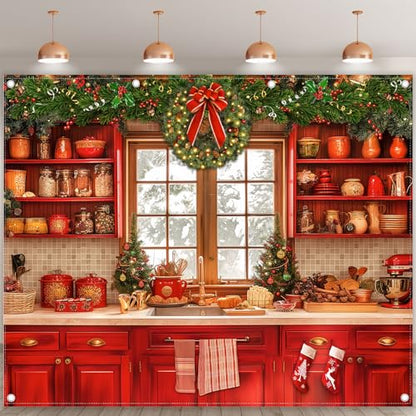 Fabric 10x8ft Christmas Kitchen Photography Backdrop Cabinets Window Winter Snow Scene Background Xmas Family Party Decoration New Year Photo Banner Props - size: 10'x8'