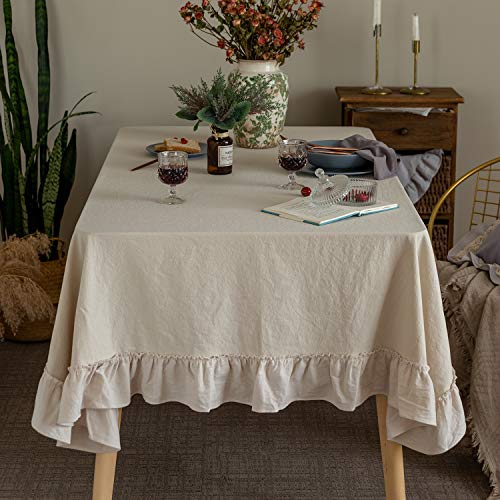 GLORY SEASON Retro Farmhouse Ruffle Tablecloth Cotton Flounces Trim Washable Table Cover Tablecloths for Rectangle Table Baby Shower Kitchen Party Wedding Decor 60''x102'' - size: 102" x 60" (Rectangular)