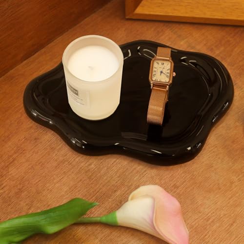 CCINPPY Ceramic Jewelry Tray Trinket Dish, Decorative Cloud Vanity Key Tray for Women, Ring Holder Dish, Cute Jewelry Plate Bowl Room Decor Aesthetic, Black, Medium - color: Black, size: 7.7" x 5.3" x 0.6"