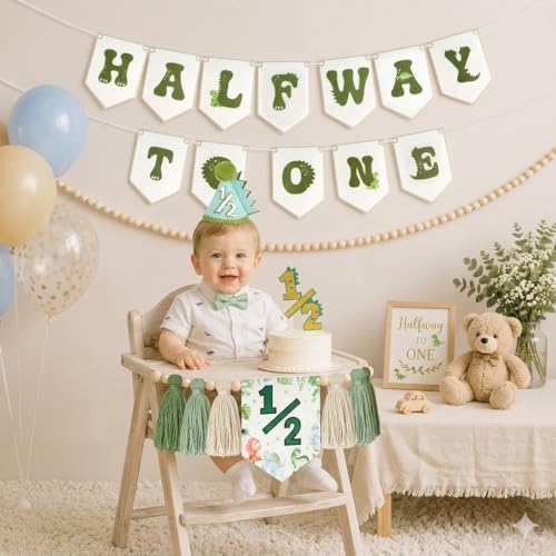 THAWAY 1/2 Birthday Dinosaur Half Birthday Decorations - Green It's My 1/2 Birth Banner Glitter Cake Topper Tassel Wood Bead High Chair Banner & Cone, Hat Halfway to One Party Supplies - color: Dinosaur Green