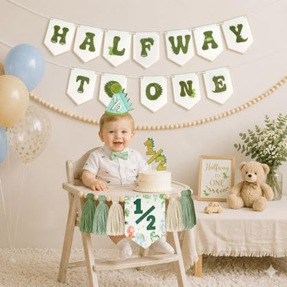 THAWAY 1/2 Birthday Dinosaur Half Birthday Decorations - Green It's My 1/2 Birth Banner Glitter Cake Topper Tassel Wood Bead High Chair Banner & Cone, Hat Halfway to One Party Supplies - color: Dinosaur Green