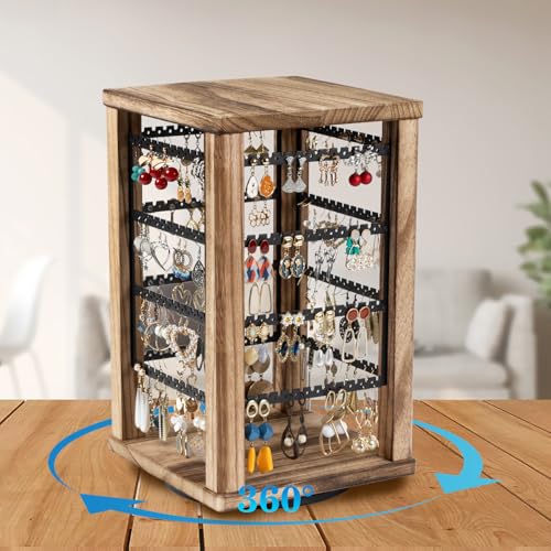Emfogo 360 Earring Holder Organizer, Rustic Wood Earring Stand, Rotating Wooden Display, 4 Tiers Earring Organizer Stand for Stud Earrings, Hoop Earrings & Necklaces, Women Gifts - color: Brown