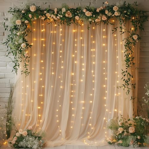 Champagne Tulle Backdrop Curtain with Lights - 10x8ft Sheer Backdrop with 250 LEDs for Wedding, Baby Shower, Bridal Shower, Birthday Party Photo Shoot Background and Home Decorations - color: Champagne, size: 10 x 8 Feet
